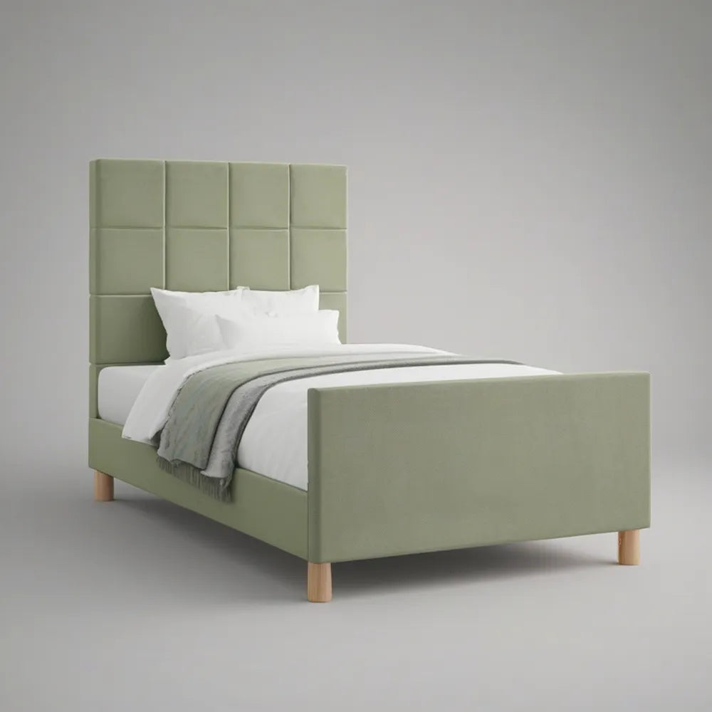 Cama Individual Estofada Verde-Claro 90 x 190 cm com Cabeceira Acolchoada