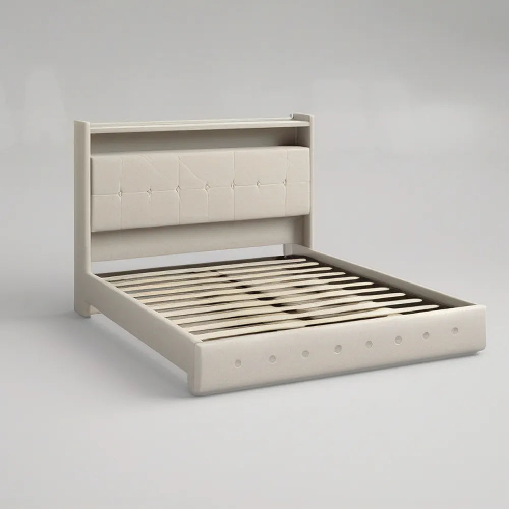 Cama Individual 90 x 190 cm com Estrado de Ripas e Cabeceira Estofada Creme