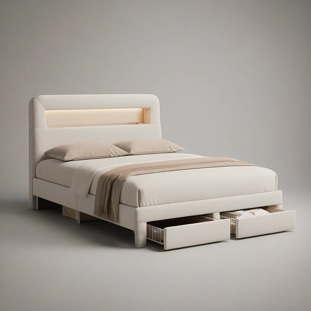 Cama de Casal Estofada Bege em Pele Sintética PU com Iluminação e 2 Gavetas, 160 x 200 cm