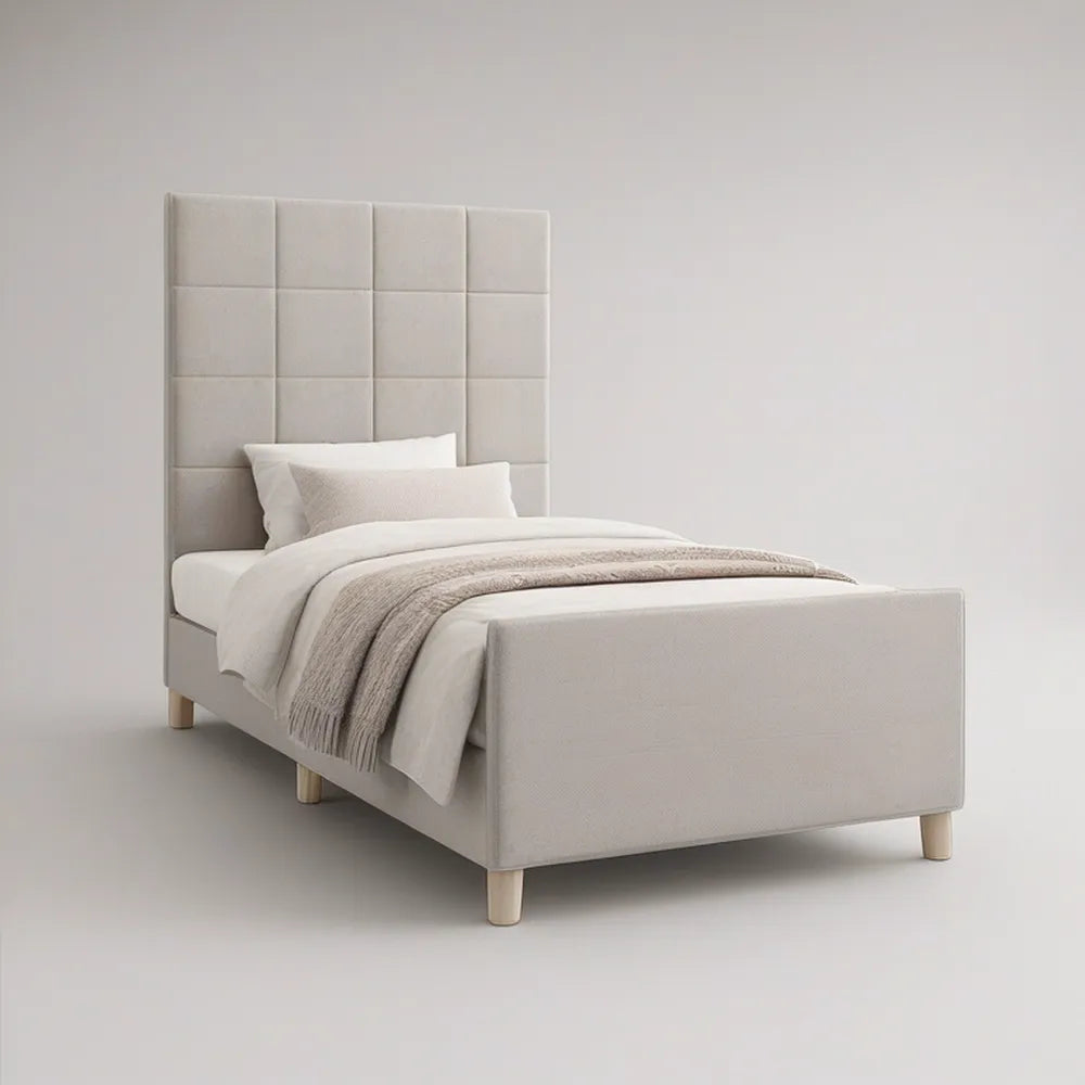 Cama Individual Estofada Bege Claro 90 x 200 cm com Cabeceira Acolchoada