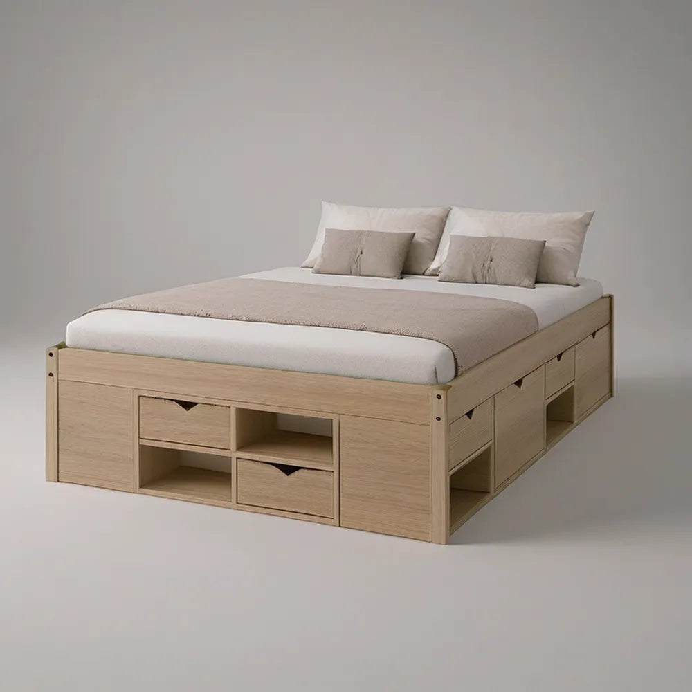 Cama de Casal com Arrumação Integrada em MDF Carvalho Claro para Colchão 160 x 200 cm