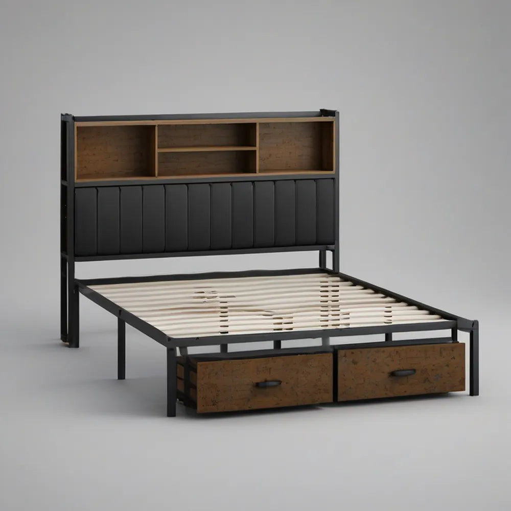 Cama de Casal 160 x 200 cm com Cabeceira, Prateleiras e 2 Gavetas em Preto e Castanho Escuro