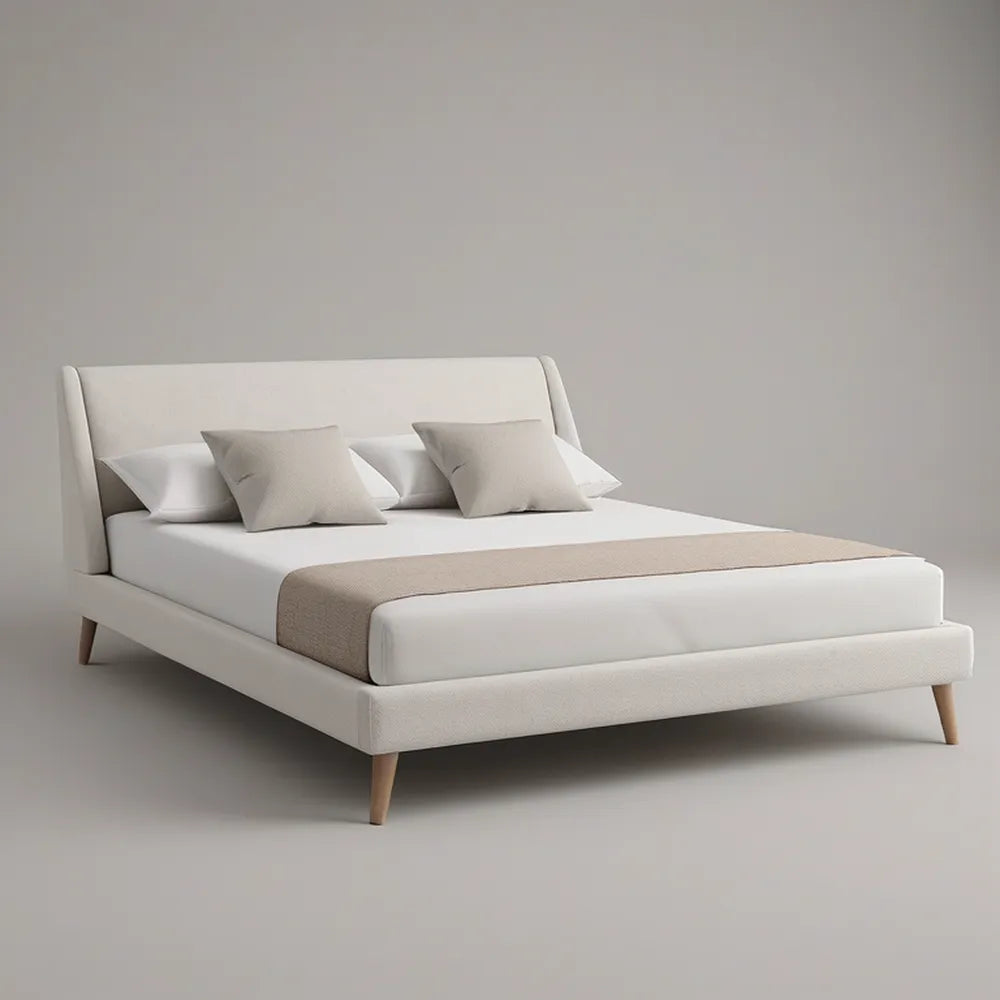 Cama de Casal Estofada Bege 160 x 200 cm com Pés em Madeira Natural